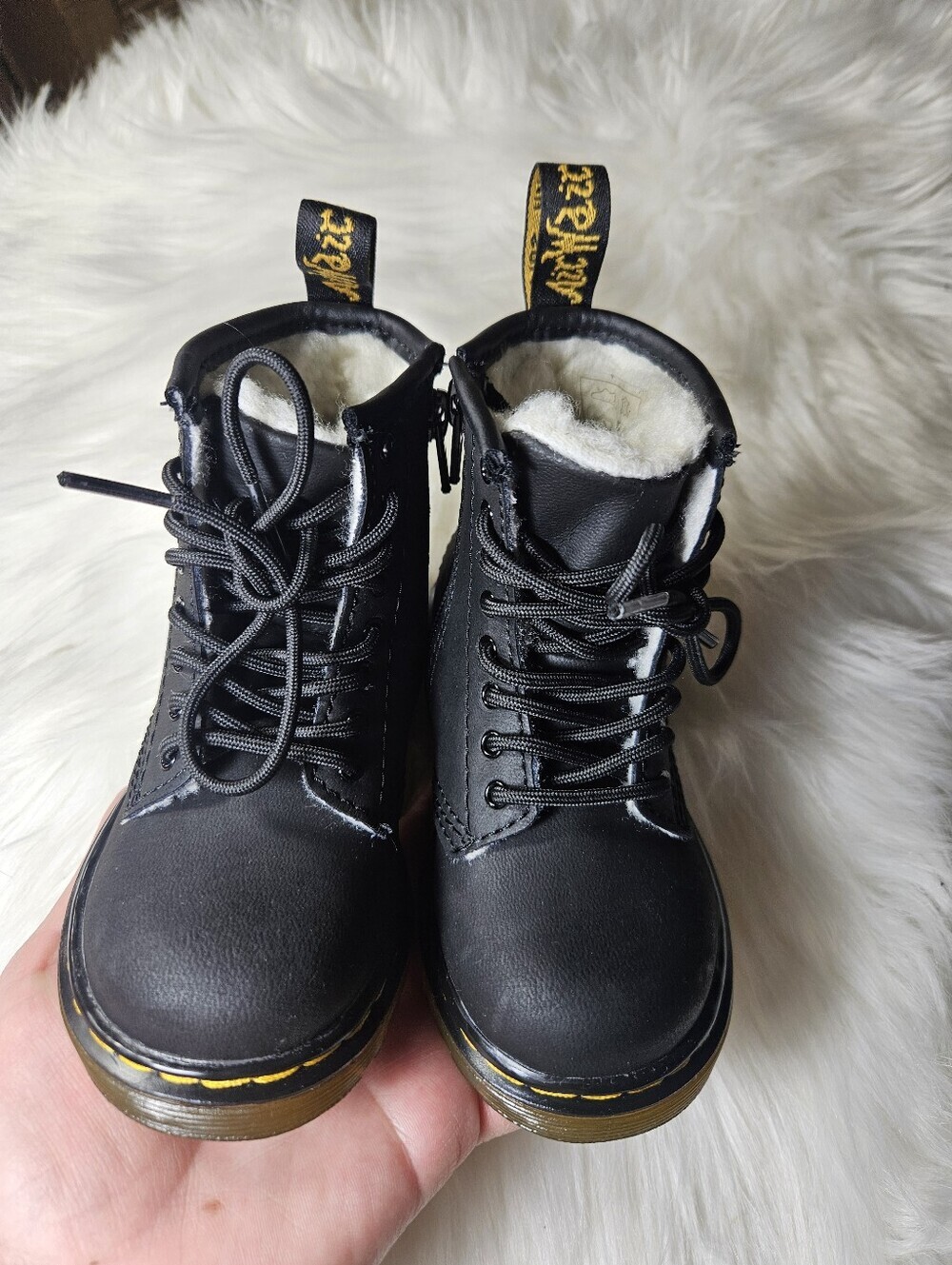Dr. Martens Black and Yellow Logo Faux Fur Lined Boots